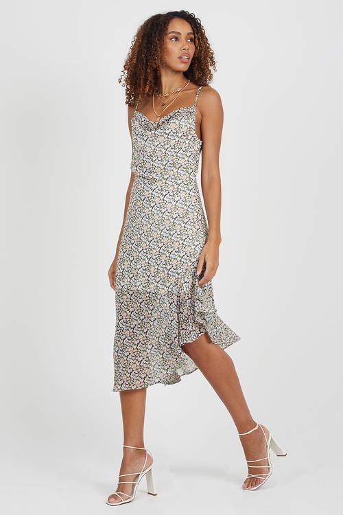 Ladies Asymetrical Dress With Ruffle Hem - Ditsy Floral