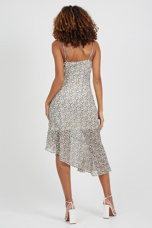 Ladies Asymetrical Dress With Ruffle Hem - Ditsy Floral