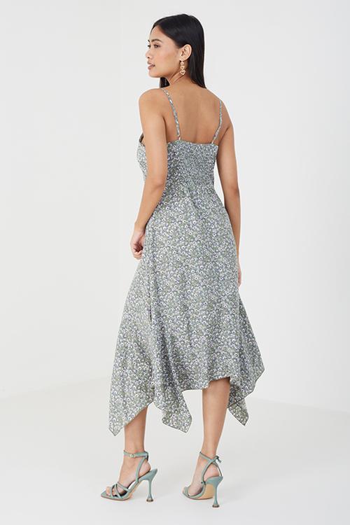 Ladies Printed Strappy Dress With Handkerchief Hem - Green Floral