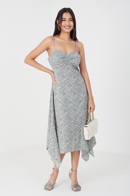 Ladies Printed Strappy Dress With Handkerchief Hem - Green Floral