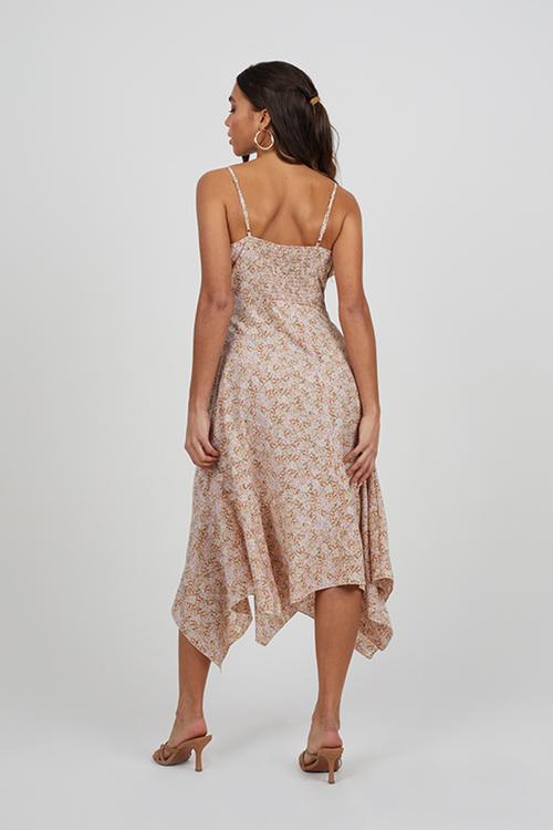 Ladies Printed Strappy Dress With Handkerchief Hem - Peach Floral