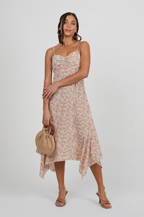 Ladies Printed Strappy Dress With Handkerchief Hem - Peach Floral