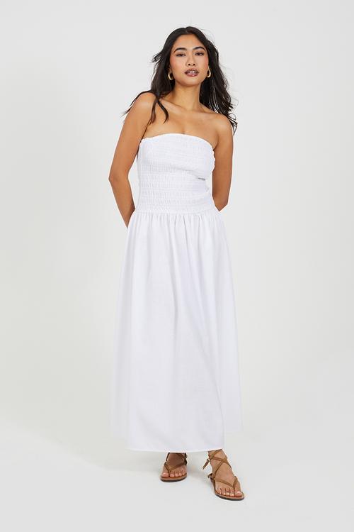 Ladies Strapless Sheering Midi Dress - White