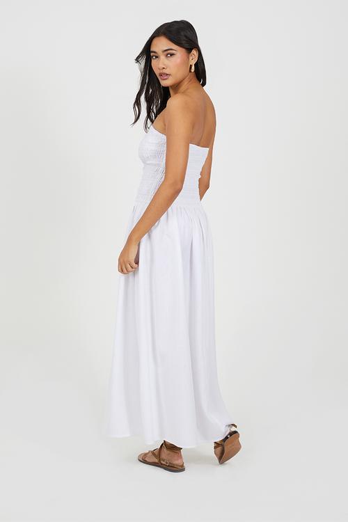 Ladies Strapless Sheering Midi Dress - White
