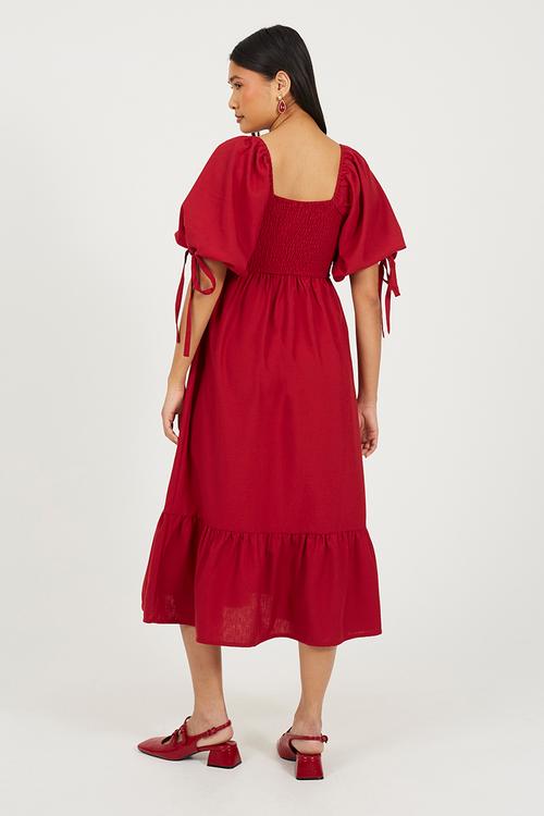 Ladies Smocked Tiered Midi Dress With Puff Sleeve - Red