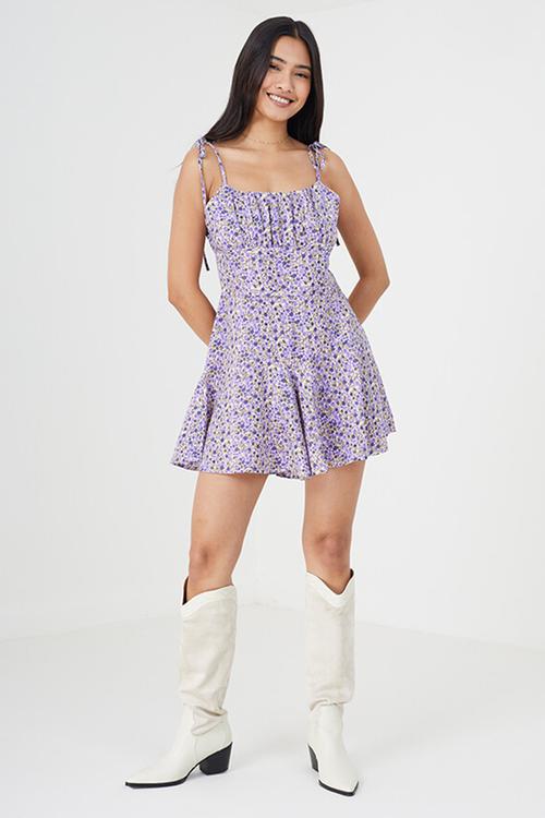 Ladies Playsuit With Tie Straps Floral Print - Purple/Mustard