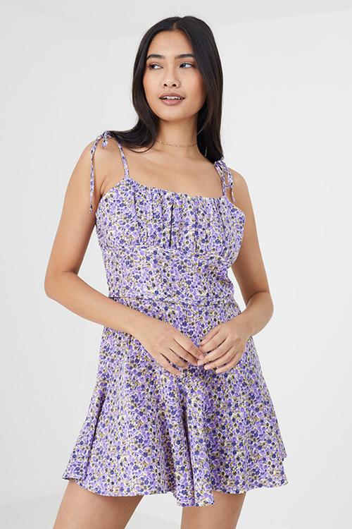 Ladies Playsuit With Tie Straps Floral Print - Purple/Mustard