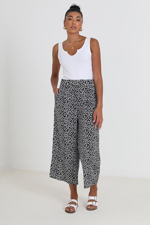 Ladies Wide Leg Animal Print Trousers - Black/White
