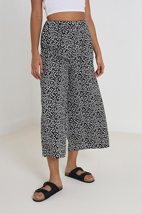 Ladies Wide Leg Animal Print Trousers - Black/White