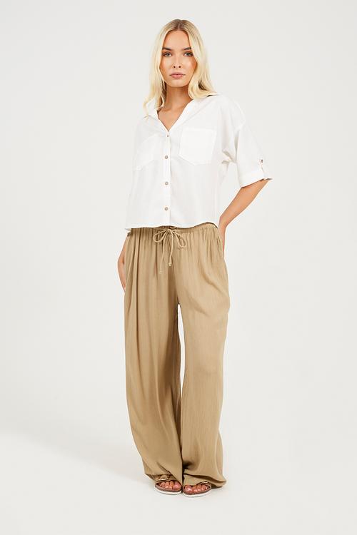 Ladies Viscose Crinkle Trousers With Draw Cord - Stone