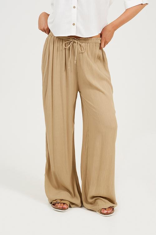 Ladies Viscose Crinkle Trousers With Draw Cord - Stone