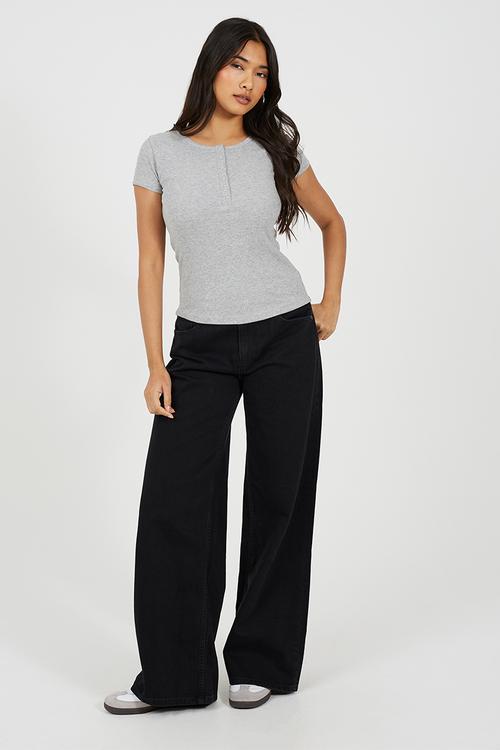 Ladies Short Sleeve Quarter Button Top - Grey Marl