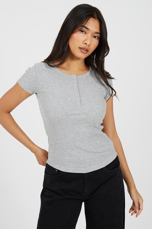 Ladies Short Sleeve Quarter Button Top - Grey Marl