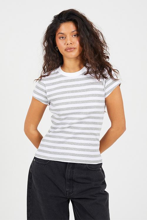 Ladies Crew Neck Stripe Rib T-Shirt - Grey Marl/ White