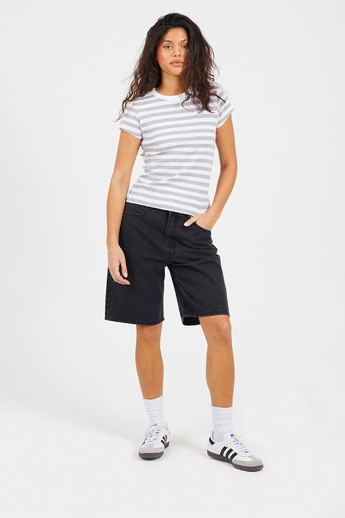 Ladies Crew Neck Stripe Rib T-Shirt - Grey Marl/ White