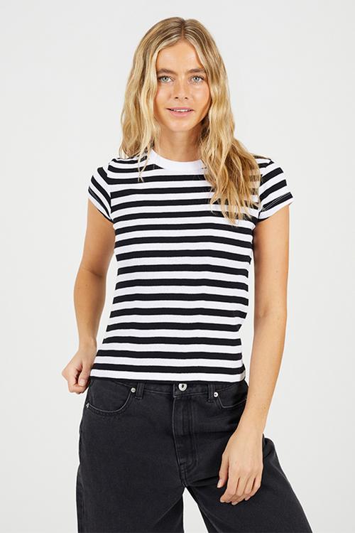 Ladies Crew Neck Stripe Rib T-Shirt - White/Black
