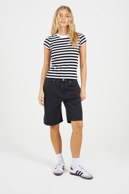 Ladies Crew Neck Stripe Rib T-Shirt - White/Black