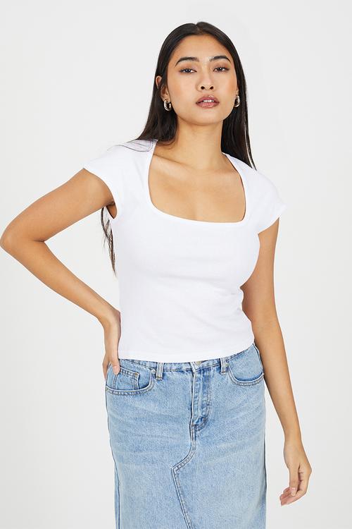 Ladies Square Neck Short Sleeve T-Shirt - White