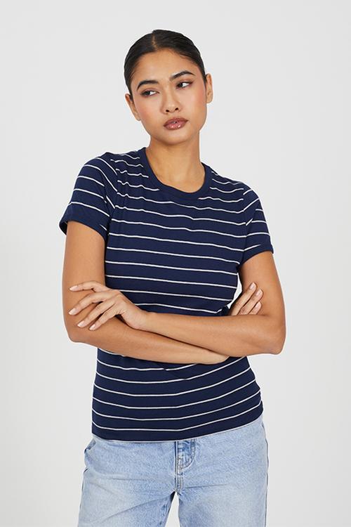 Ladies Crew Neck Fitted Stripe T-Shirt - Navy/Grey Marl