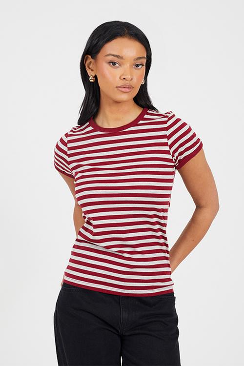 Ladies Crew Neck Fitted Stripe T-Shirt - Burgundy/Grey Marl