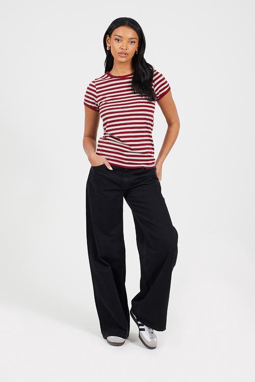 Ladies Crew Neck Fitted Stripe T-Shirt - Burgundy/Grey Marl