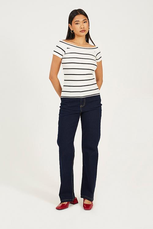 Ladies Scoop Neck Short Sleeve Striped Top - White/Black