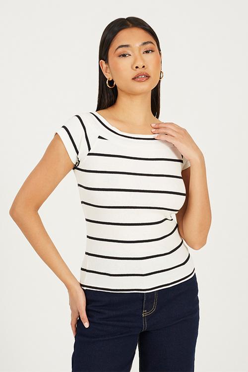 Ladies Scoop Neck Short Sleeve Striped Top - White/Black