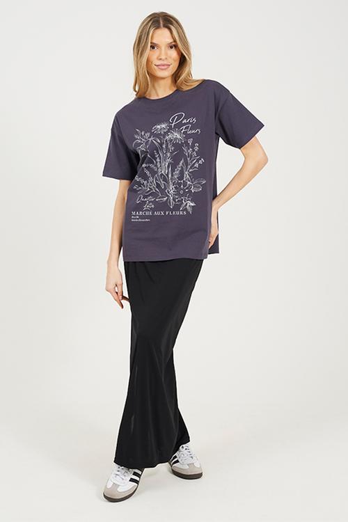 Ladies Short Sleeve Crew Neck Graphic T-Shirt - Charcoal