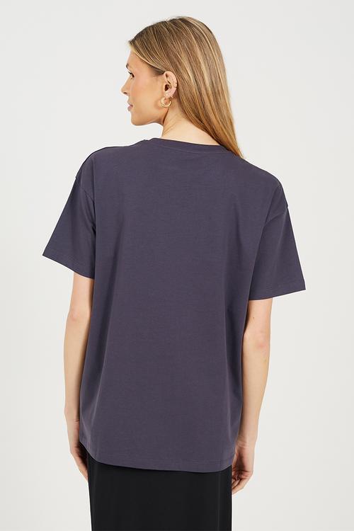 Ladies Short Sleeve Crew Neck Graphic T-Shirt - Charcoal