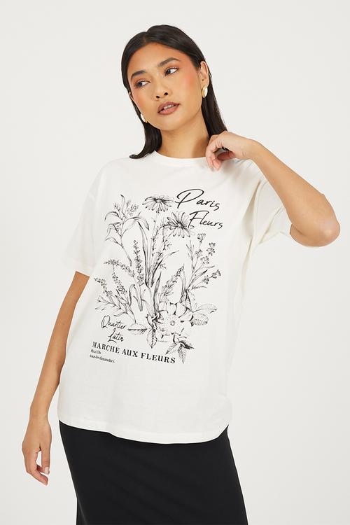 Ladies Short Sleeve Crew Neck Graphic T-Shirt - Cream
