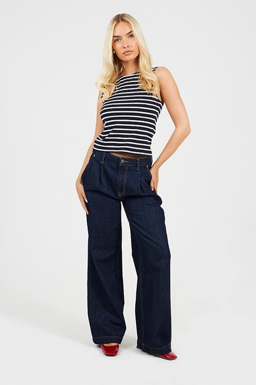 Ladies Crew Neck Striped Boxy Vest - Black/White