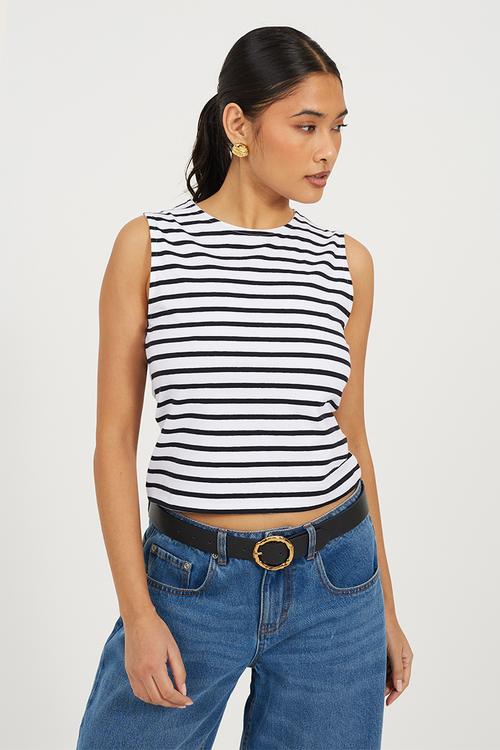 Ladies Crew Neck Striped Boxy Vest - White/Black