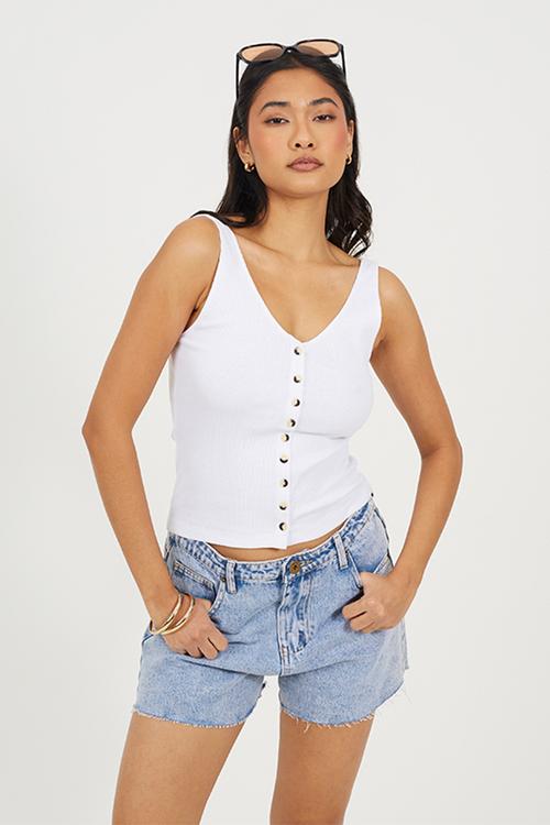 Ladies Button Down Ribbed Vest - White