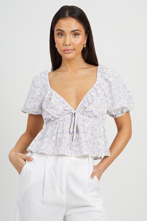 Ladies Floral Print Short Puff Sleeves Top - Violet