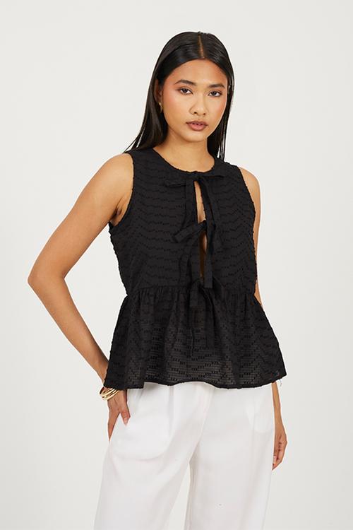 Ladies Frilly Woven Vest With Sheered Straps - Black