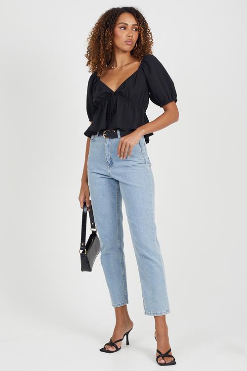 Ladies Plain Colour Short Puff Sleeves Top - Black