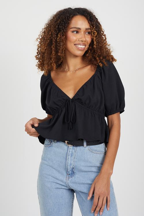 Ladies Plain Colour Short Puff Sleeves Top - Black