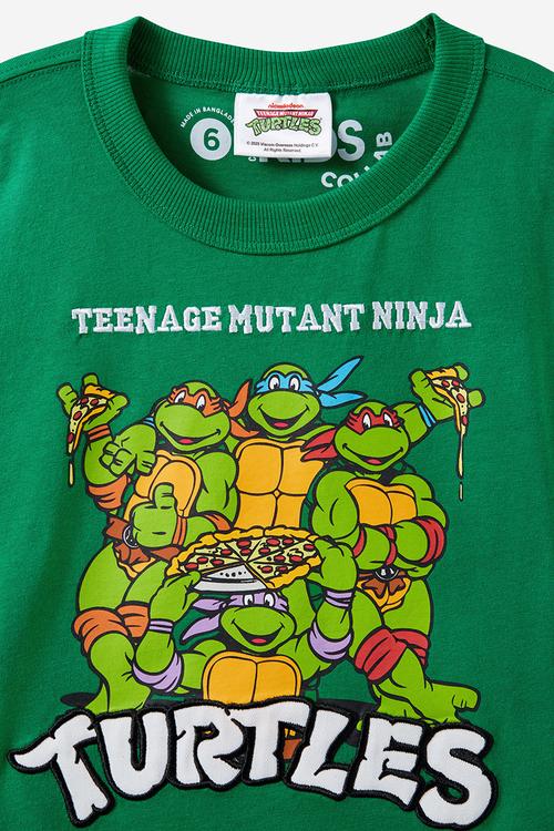 Licensed drop shoulder short sleeve tee - lcn nic deep mint/tmnt pizza