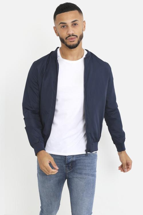 Bomber Jacket With Ribbed Hem  - Navy