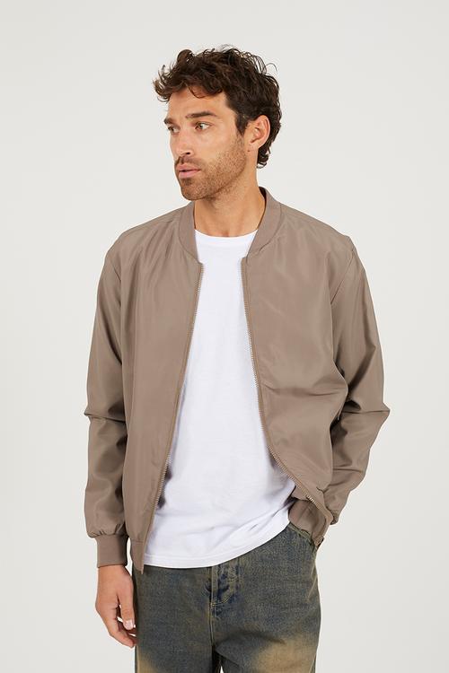 Bomber Jacket With Ribbed Hem - Taupe