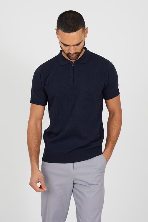 A Long Sleeve 1/4 Zip Knitted Polo - Jet Black / Cream