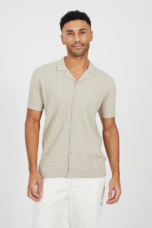 Full Button Revere Collar Knitted - Light Stone