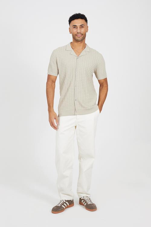 Full Button Revere Collar Knitted - Light Stone