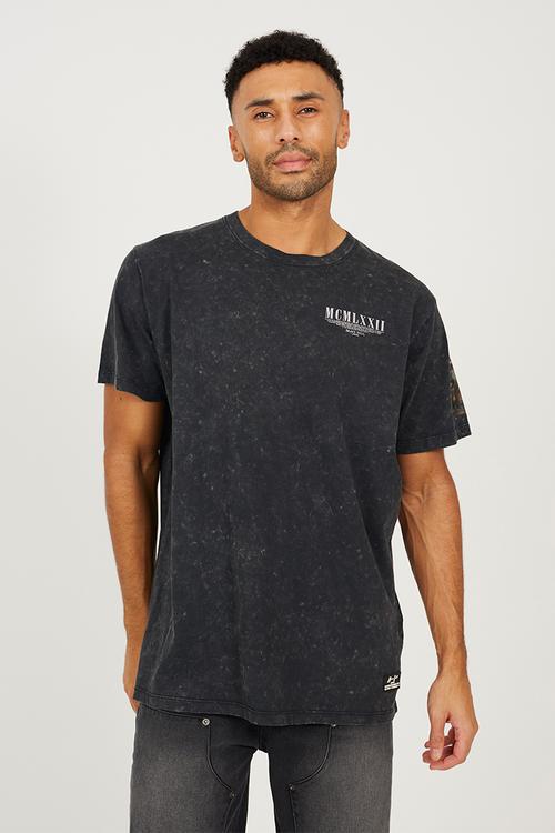 Crew Neck T-Shirt - Jet Black Acid Wash / Multi-Colour Print