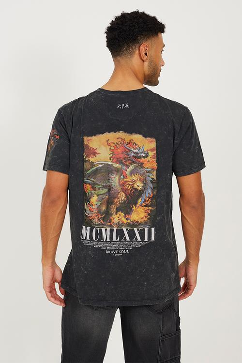Crew Neck T-Shirt - Jet Black Acid Wash / Multi-Colour Print