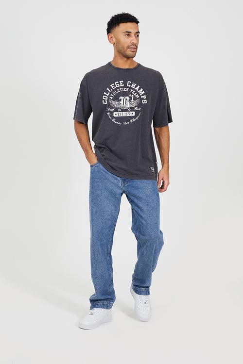 Relaxed Fit Crew Neck T-shirt - Dark Grey Acid Wash