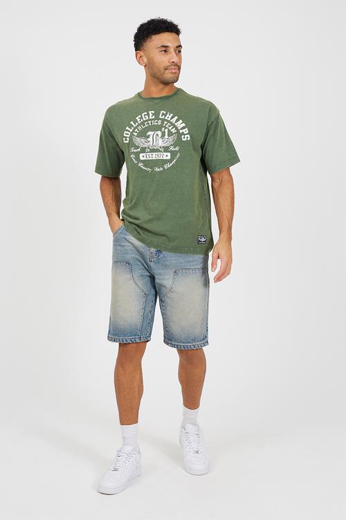 Relaxed Fit Crew Neck T-shirt- Dark Green Acid Wash