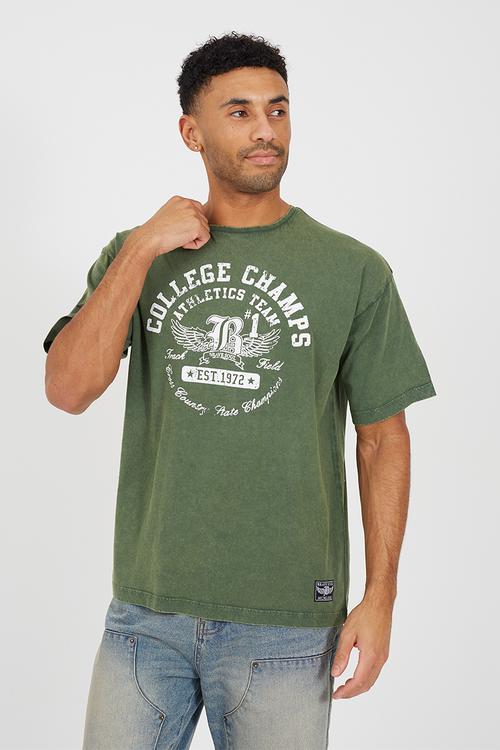 Relaxed Fit Crew Neck T-shirt- Dark Green Acid Wash