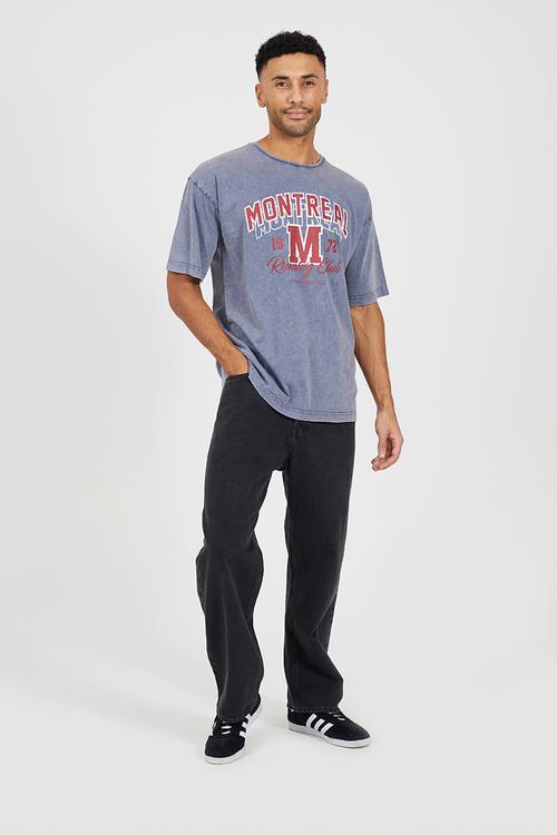 Relaxed Fit Crew Neck T-shirt- Denim Blue Acid Wash