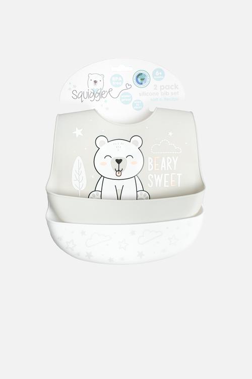 2Pk  bear print silicone bibs - grey